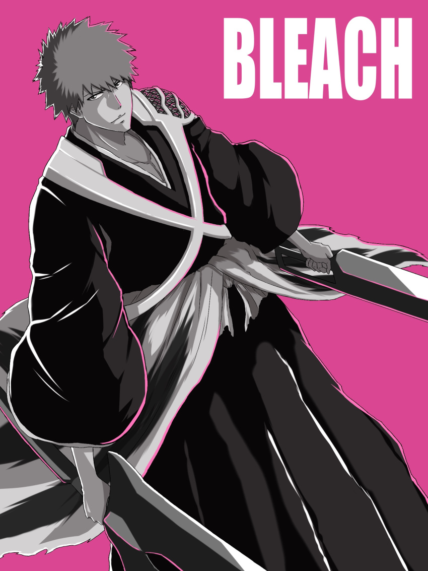 1boy black_kimono bleach bleach:_the_thousand-year_blood_war blush closed_mouth commentary copyright_name dutch_angle highres holding holding_sword holding_weapon japanese_clothes kimono kurosaki_ichigo long_sleeves looking_at_viewer monochrome nemo3105 nose_blush pink_background short_hair simple_background solo spiky_hair spoilers standing sword true_zangetsu_(shikai) weapon wide_sleeves