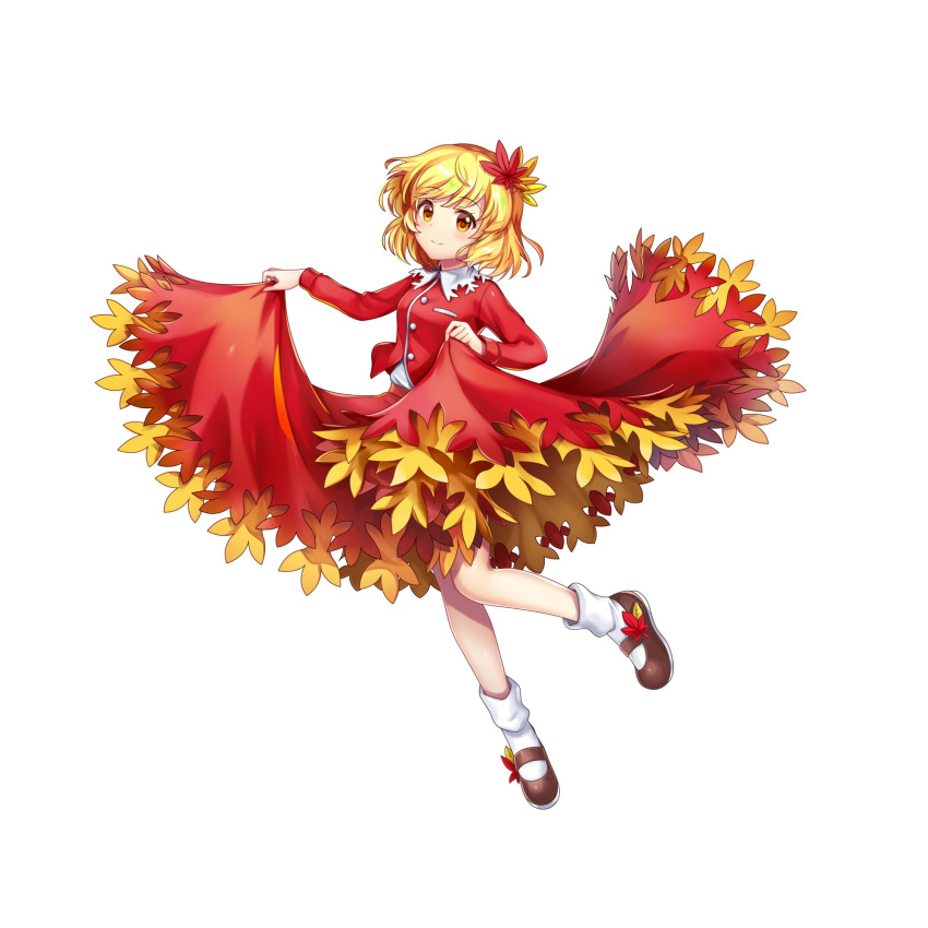 1girl aki_shizuha blonde_hair brown_footwear buttons closed_mouth clothes_lift full_body game_cg hair_ornament highres leaf_hair_ornament lifted_by_self long_sleeves looking_at_viewer red_shirt red_skirt rotte_(1109) shirt short_hair simple_background skirt skirt_lift smile socks solo third-party_source touhou touhou_lost_word white_background white_socks yellow_eyes