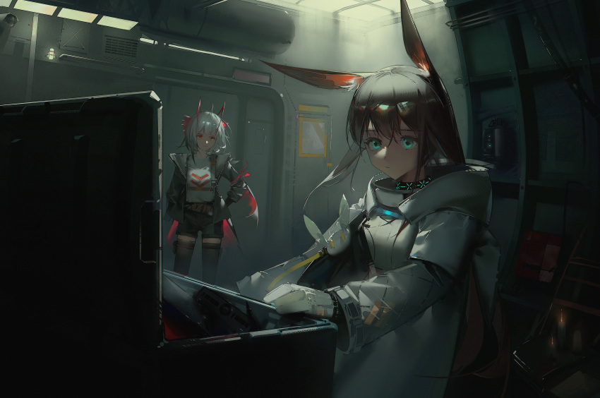 2girls absurdres amiya_(arknights) animal_ears aqua_eyes arknights arms_behind_back black_jacket black_shorts black_thighhighs boboyo brown_hair chinese_commentary closed_mouth commentary_request gloves highres horns indoors jacket long_hair long_sleeves looking_at_viewer medium_hair multiple_girls open_clothes open_jacket rabbit_ears red_eyes shirt shorts standing thigh-highs w_(arknights) white_gloves white_hair white_jacket white_shirt