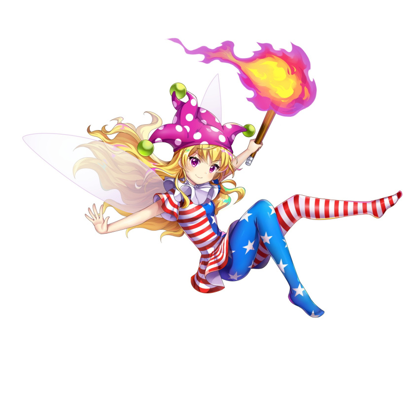1girl american_flag_legwear american_flag_shirt blonde_hair closed_mouth clownpiece full_body game_cg hat highres holding holding_torch jester_cap long_hair looking_at_viewer neck_ruff pantyhose pink_eyes pink_headwear polka_dot_headwear purple_headwear rotte_(1109) shirt short_sleeves simple_background smile solo star_(symbol) star_print striped striped_pantyhose striped_shirt third-party_source torch touhou touhou_lost_word white_background wings