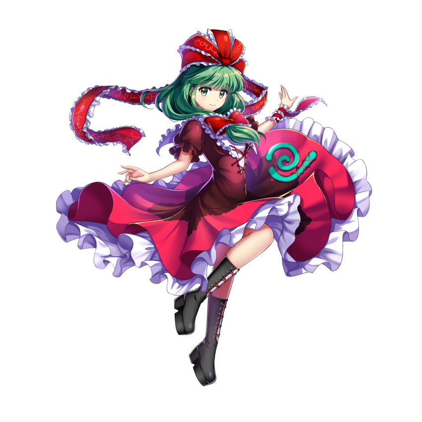 1girl arm_ribbon black_footwear boots cross-laced_clothes cross-laced_footwear dress frilled_skirt frills front_ponytail full_body game_cg green_eyes green_hair hair_ribbon highres kagiyama_hina long_hair looking_at_viewer red_dress red_ribbon red_shirt ribbon rotte_(1109) shirt short_sleeves simple_background skirt solo third-party_source touhou touhou_lost_word white_background