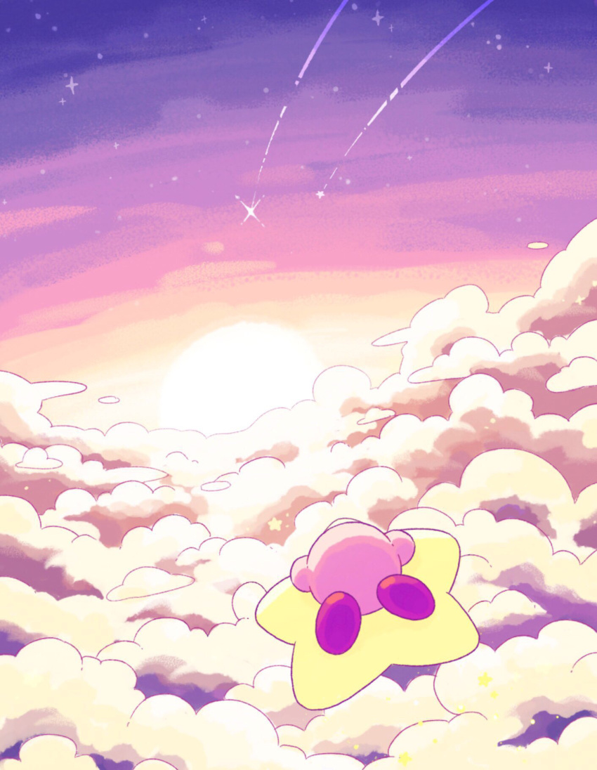 above_clouds clouds commentary_request flying from_behind full_body harukui highres kirby kirby_(series) no_humans outdoors red_footwear riding shooting_star sky solo star_(sky) star_(symbol) warp_star