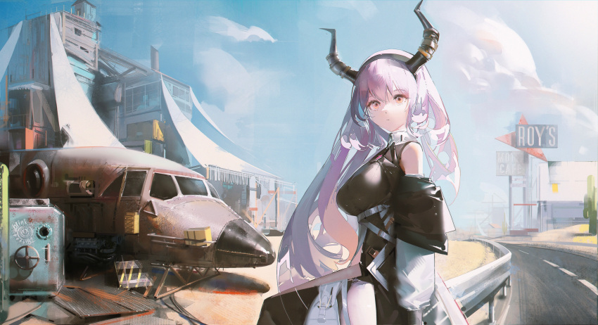 1girl absurdres aircraft arknights bare_shoulders black_dress black_horns blue_sky boboyo breasts chinese_commentary closed_mouth clouds commentary_request cowboy_shot dress facing_viewer highres horns house large_breasts long_hair long_sleeves looking_afar orange_eyes outdoors purple_hair road sky solo standing typhon_(arknights) very_long_hair