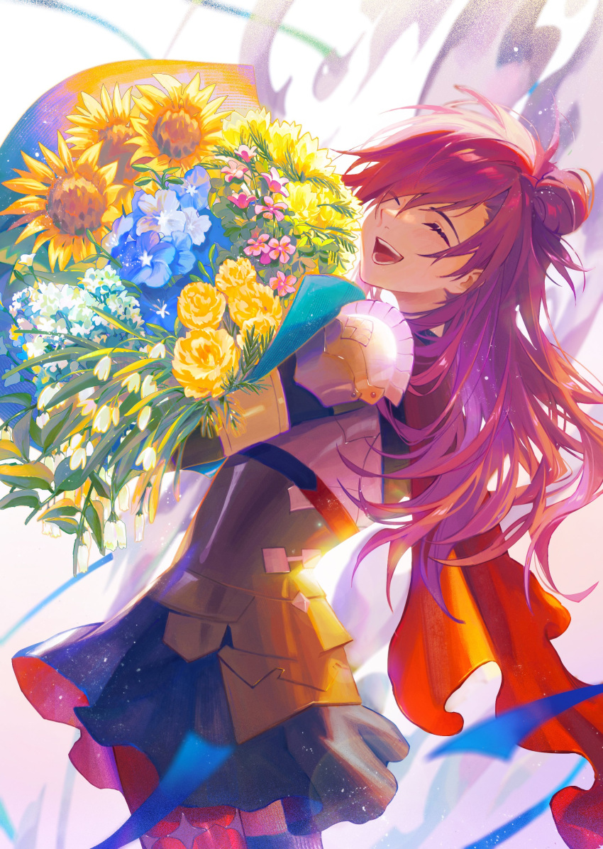 1girl abi_(no.129) absurdres armor armored_dress black_armor blue_flower bouquet cape closed_eyes commentary dress english_commentary fire_emblem fire_emblem:_three_houses fire_emblem_warriors:_three_hopes flower hair_bun happy highres holding holding_bouquet long_hair open_mouth orange_cape pink_flower purple_hair shez_(female)_(fire_emblem) shez_(fire_emblem) shoulder_armor single_hair_bun smile solo sunflower teeth yellow_flower