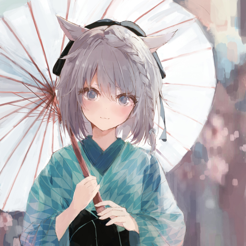 1girl :3 animal_ears black_sash blue_kimono blush braid closed_mouth commentary commission english_commentary eyelashes eyes_visible_through_hair final_fantasy final_fantasy_xiv grey_eyes grey_hair hair_between_eyes hand_up highres holding holding_umbrella japanese_clothes kimono long_sleeves looking_at_viewer medium_hair nujii oil-paper_umbrella sash single_braid smile solo straight-on umbrella upper_body warrior_of_light_(ff14) wide_sleeves