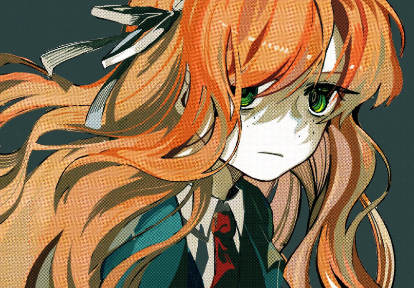 1girl black_coat black_vest closed_mouth coat collared_shirt expressionless freckles green_eyes hair_ribbon highres ishmael_(limbus_company) limbus_company long_hair looking_at_viewer necktie orange_hair pipio project_moon red_necktie ribbon shirt solo upper_body very_long_hair vest white_ribbon white_shirt