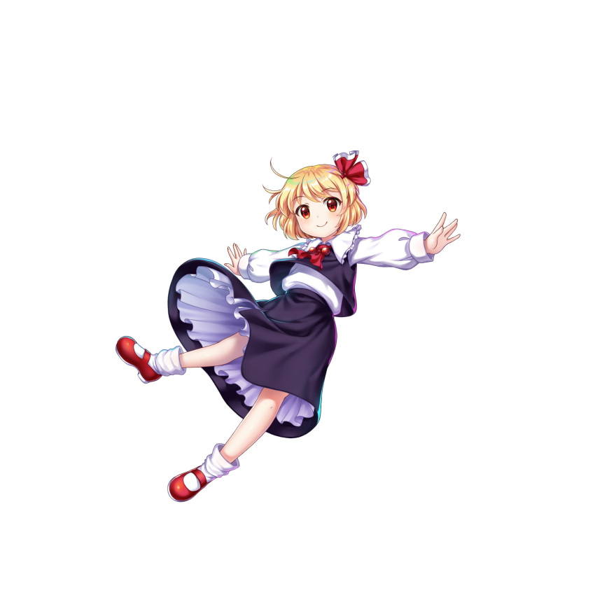 1girl ascot black_skirt black_vest blonde_hair closed_mouth full_body game_cg hair_ribbon highres long_sleeves looking_at_viewer outstretched_arms red_ascot red_eyes red_footwear red_ribbon ribbon rotte_(1109) rumia shirt short_hair simple_background skirt smile socks solo third-party_source touhou touhou_lost_word vest white_background white_shirt white_socks