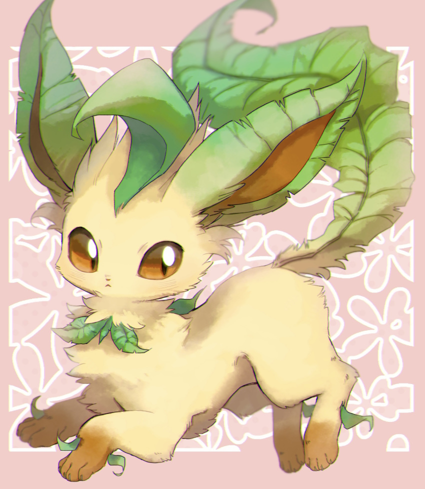 :&lt; brown_eyes closed_mouth commentary_request from_side highres leafeon looking_to_the_side nekogusa no_humans pink_background pokemon pokemon_(creature) solo yellow_fur