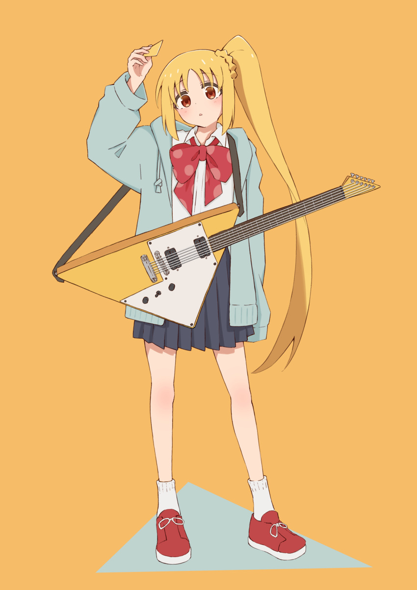 1girl absurdres ahoge bare_legs blonde_hair blue_jacket blush bocchi_the_rock! bow bowtie collared_shirt colored_shadow detached_ahoge electric_guitar guitar highres holding holding_plectrum ijichi_nijika instrument jacket light_blush long_hair pleated_skirt plectrum red_bow red_bowtie red_eyes red_footwear school_uniform shadow shimokitazawa_high_school_uniform shirt shoes side_ponytail sidelocks simple_background skirt sneakers socks solo unconventional_guitar very_long_hair white_shirt white_socks yellow_background zephda