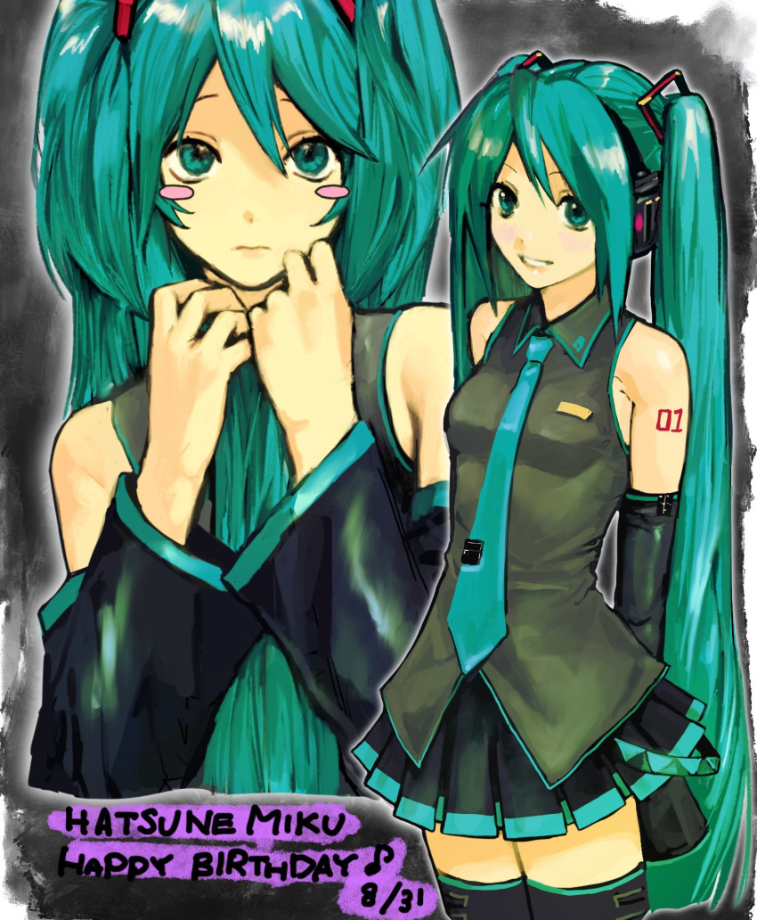 1girl arms_behind_back black_background black_skirt black_thighhighs blue_necktie blush_stickers breasts character_name commentary_request detached_sleeves green_eyes green_hair grey_shirt grin hair_ornament hands_up happy_birthday hatsune_miku headphones highres holding holding_hair light_blush long_hair looking_at_viewer necktie number_tattoo pleated_skirt projected_inset shirt shoulder_tattoo skirt sleeveless sleeveless_shirt small_breasts smile tattoo thigh-highs twintails upturned_eyes very_long_hair vocaloid youyuu_(melt_yo103) zettai_ryouiki