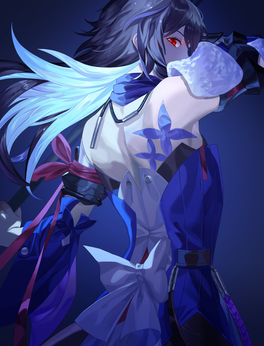 1girl absurdres arm_up back back_bow bare_shoulders black_hair blue_background blue_hair bow covered_mouth detached_sleeves dress from_behind gradient_background hair_between_eyes highres honkai:_star_rail honkai_(series) light_blue_hair long_hair long_sleeves looking_at_viewer looking_back multicolored_hair purple_dress purple_hair purple_scarf red_eyes reki_(user_rcrd4534) scarf seele_(honkai:_star_rail) simple_background solo standing two-tone_dress white_bow white_dress wide_sleeves