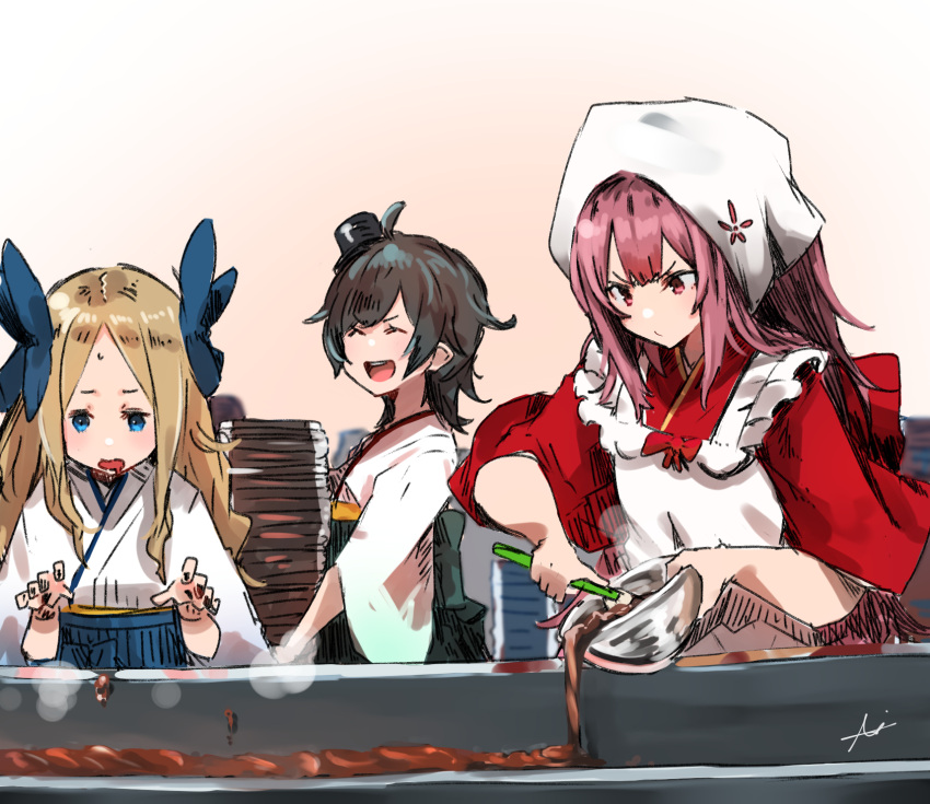 apron asakaze_(kancolle) black_hair bow bowl carrying chocolate cooking frilled_apron frills hair_bow highres holding holding_bowl japanese_clothes kamikaze_(kancolle) kantai_collection kimono light_brown_hair long_hair matsukaze_(kancolle) meiji_schoolgirl_uniform multiple_girls off_shoulder open_mouth pink_hair redhead short_hair signature simple_background sunday_aki valentine white_apron wide_sleeves