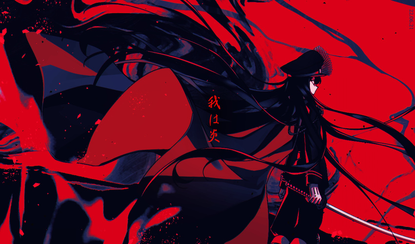 1girl clenched_hand closed_mouth dated expressionless fate/grand_order fate_(series) floating_cape floating_hair gloves hat highres holding holding_sword holding_weapon katana koha-ace limited_palette long_hair long_sleeves looking_afar oda_nobunaga_(fate) oda_nobunaga_(koha-ace) peaked_cap red_background red_eyes sempon_(doppio_note) sidelighting simple_background solo sword very_long_hair weapon