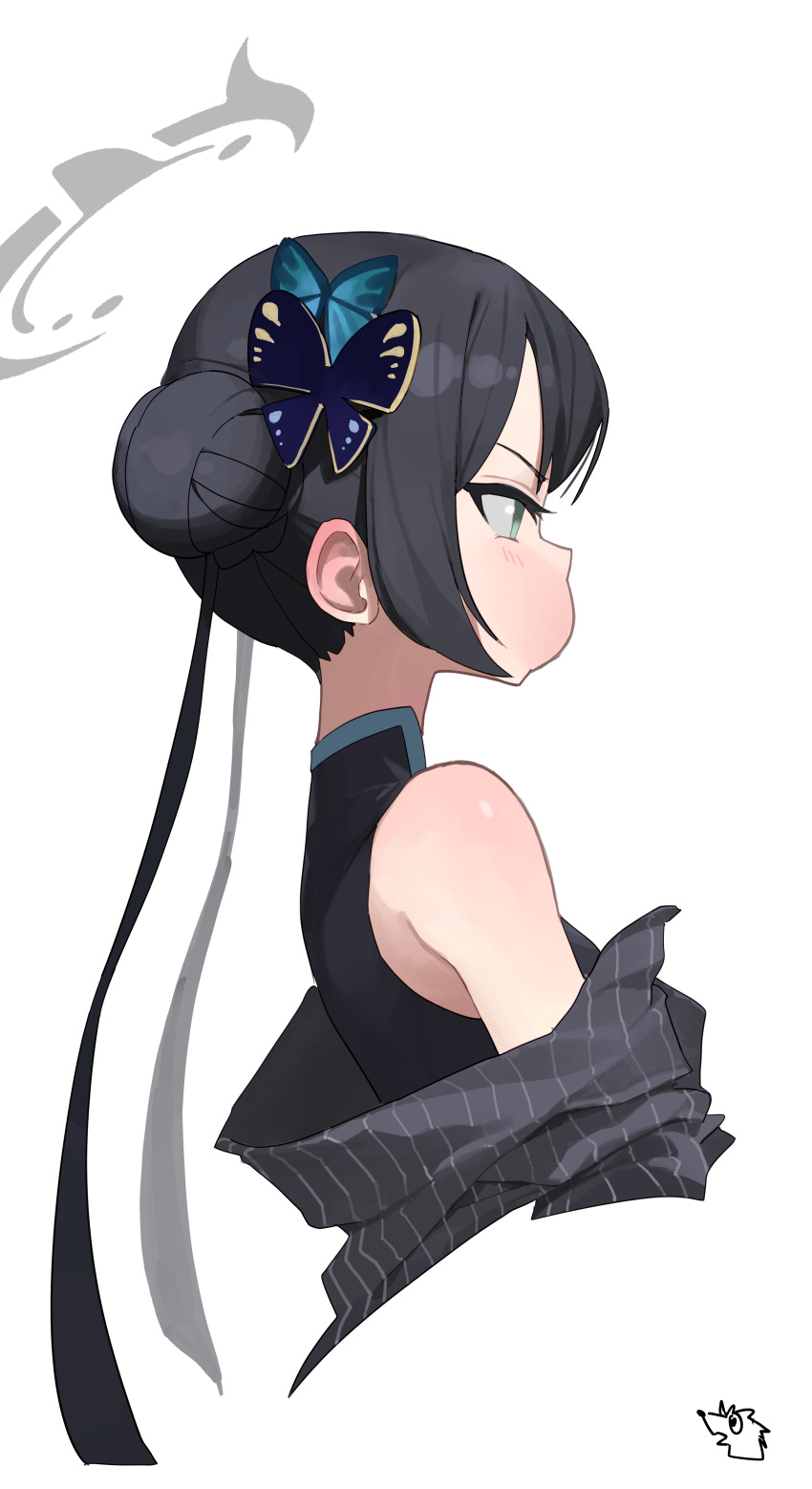 1girl absurdres bare_shoulders black_dress black_hair blue_archive butterfly_hair_ornament chanism! china_dress chinese_clothes commentary_request dress from_side hair_bun hair_ornament halo highres kisaki_(blue_archive) looking_to_the_side pinstripe_pattern pout profile simple_background sleeveless solo striped upper_body vertical-striped_coat white_background