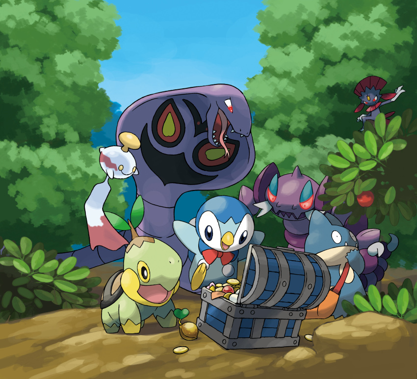 absurdres arbok blue_sky chimecho coin drapion fushigi_no_dungeon highres munchlax no_humans official_art outdoors piplup pokemon pokemon_(creature) pokemon_(game) pokemon_mystery_dungeon seed sky sugimori_ken tongue tongue_out treasure_chest tree turtwig weavile