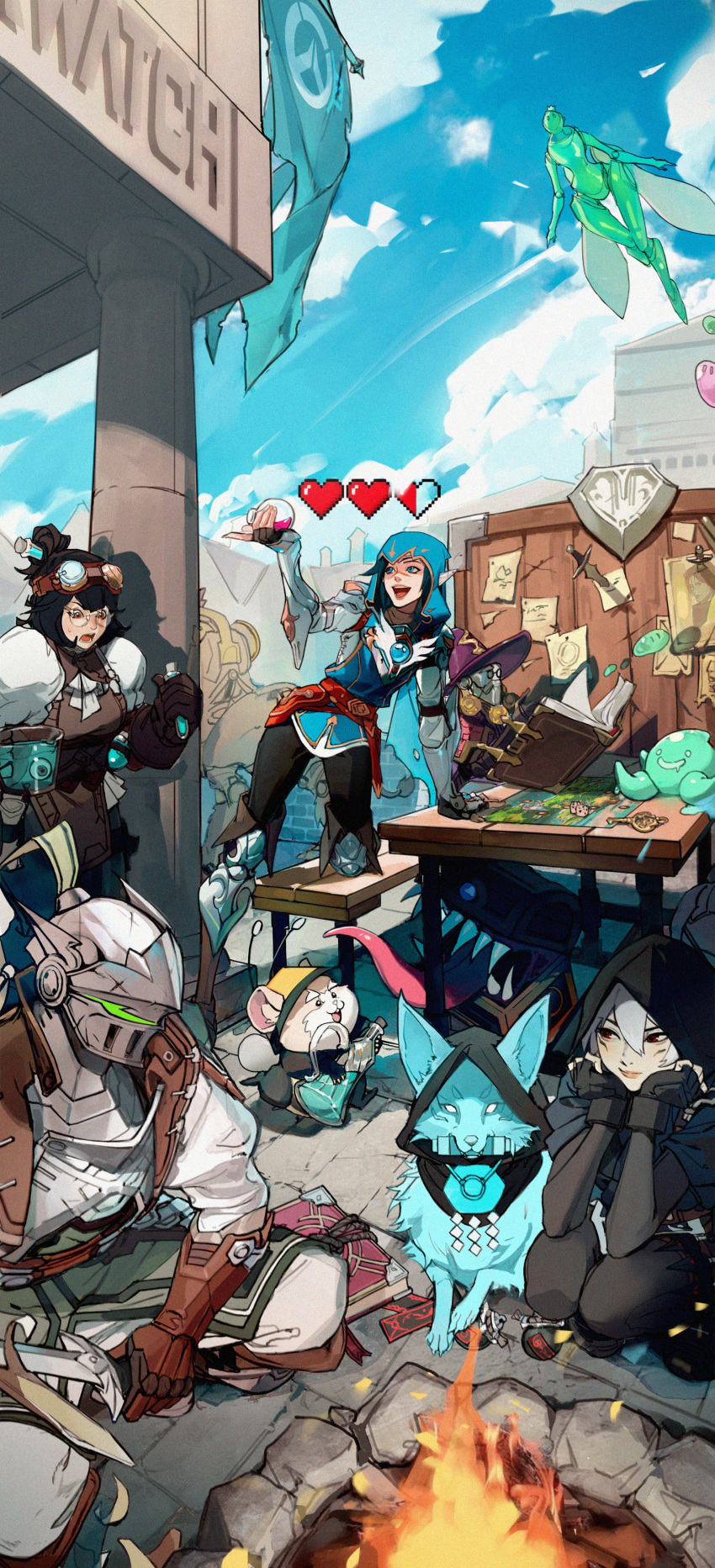3boys 5girls absurdres animal arm_support armor black_gloves black_hair black_hood blue_eyes blue_hood blue_sky board board_game book brown_eyes closed_mouth clouds cloudy_sky dagger day dice echo_(overwatch) fingerless_gloves fire flag flying fox genji_(overwatch) gloves goggles goggles_on_head hair_between_eyes hamster hands_on_own_cheeks hands_on_own_face hat heart helmet highres kiriko_(overwatch) kneeling knife knight looking_at_another mei_(overwatch) monster_girl multiple_boys multiple_girls official_alternate_costume omnic open_mouth orisa_(overwatch) outdoors overwatch overwatch_2 pachimari pixelated pointy_ears potion purple_headwear reading robot round_eyewear sitting sky slime_(substance) slime_girl smile spirit standing sweatdrop table tabletop_game tabletop_rpg tracer_(overwatch) treasure_chest weapon white_hair wrecking_ball_(overwatch) wz_(woyzeck) zenyatta_(overwatch)