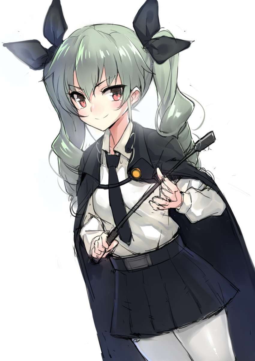 1girl absurdres anchovy_(girls_und_panzer) battle_koala black_cape black_necktie black_ribbon blush cape drill_hair girls_und_panzer green_hair hair_between_eyes hair_ribbon highres holding_riding_crop long_hair long_sleeves looking_at_viewer necktie pantyhose pleated_skirt red_eyes ribbon riding_crop shirt simple_background skirt smile solo twin_drills twintails white_background white_pantyhose white_shirt white_skirt