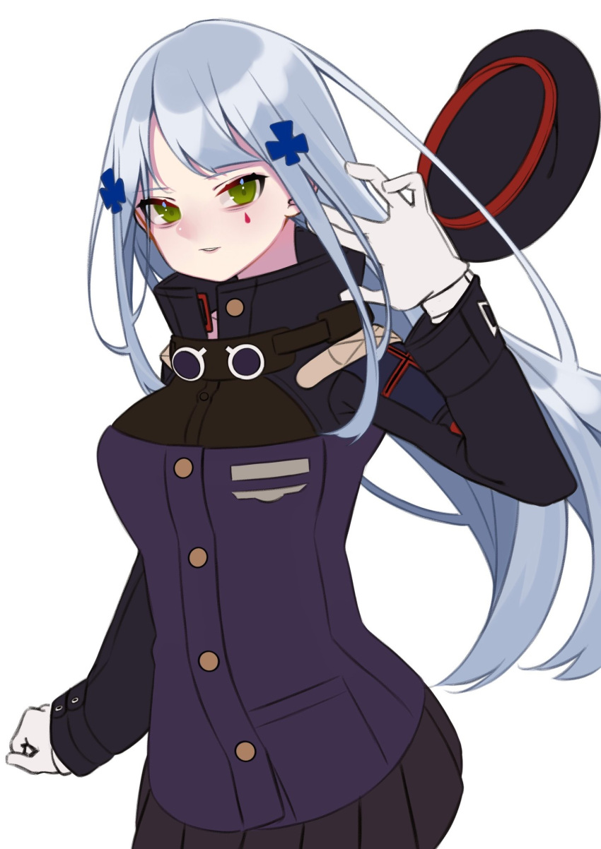 1girl beret black_headwear black_skirt blue_jacket breasts commentary_request cross cross_hair_ornament e_draw_paint girls_frontline gloves green_eyes grey_hair hair_ornament hat hat_removed headwear_removed highres hk416_(girls'_frontline) iron_cross jacket long_hair long_sleeves looking_at_viewer parted_lips simple_background skirt smile solo teardrop_facial_mark very_long_hair white_background white_gloves