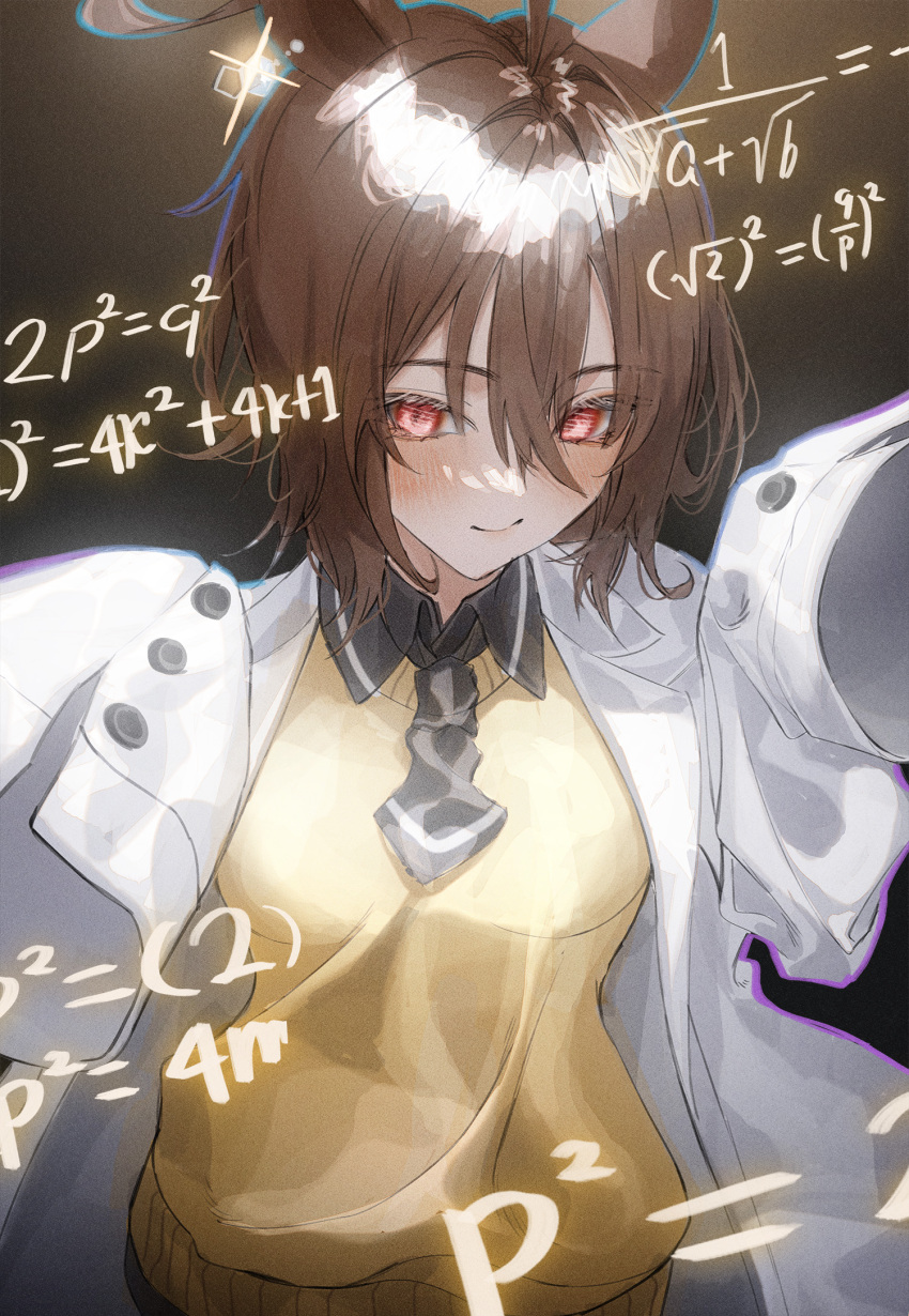 1girl agnes_tachyon_(umamusume) ahoge animal_ears black_background black_necktie black_shirt blush breasts brown_hair closed_mouth coat collared_shirt commentary_request earrings equation film_grain glint hands_up highres horse_ears horse_girl jewelry kangshi korean_commentary lab_coat looking_at_viewer medium_breasts messy_hair mixed-language_commentary necktie open_clothes open_coat rainbow_outline red_eyes shirt short_hair short_necktie single_earring sleeves_past_fingers sleeves_past_wrists smirk solo sweater umamusume upper_body yellow_sweater