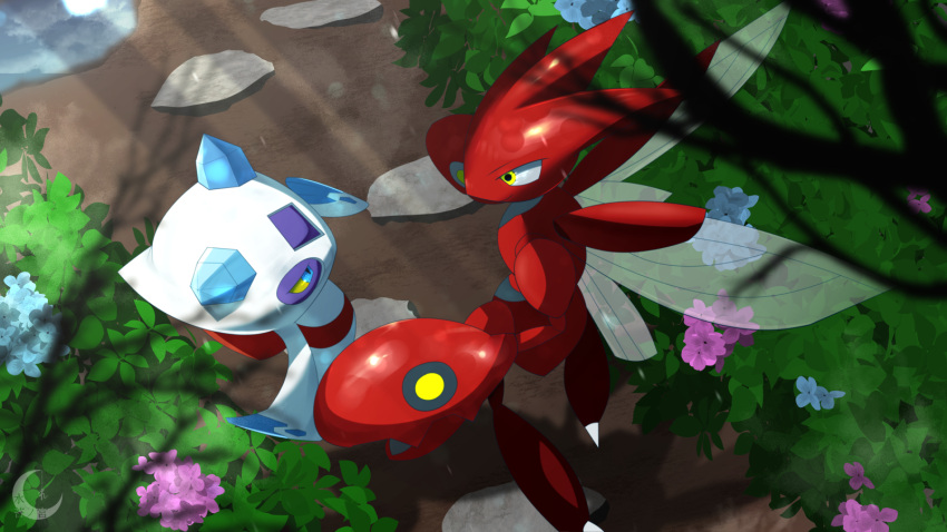 blue_eyes blurry blurry_foreground bush colored_sclera commentary_request day eye_contact flower from_above froslass highres horns looking_at_another mizunogoke no_humans outdoors pincers pokemon pokemon_(creature) scizor shadow yellow_eyes yellow_sclera