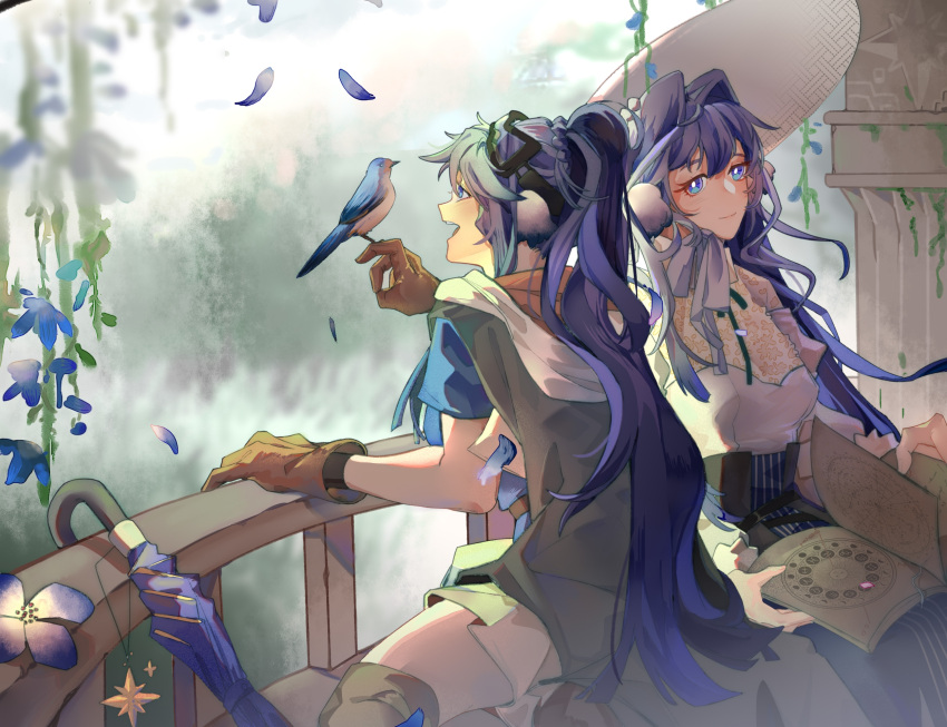 2girls animal_ears arknights astesia_(arknights) astgenne_(arknights) bird bird_ears bird_on_hand black_skirt blue_hair book bright_pupils brown_gloves cape closed_umbrella dantadetabushineigeta dress eyewear_on_head feathers flower gloves hair_ornament highres holding holding_book layered_dress long_hair long_sleeves multiple_girls open_book open_mouth petals ponytail see-through short_sleeves siblings sisters skirt smile star_(symbol) umbrella white_dress white_pupils wide_brim wooden_railing
