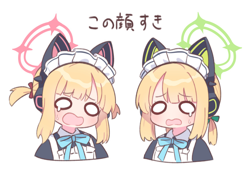 2girls animal_ear_headphones animal_ears apron blonde_hair blue_archive blue_ribbon blunt_bangs cat_ear_headphones cropped_shoulders fake_animal_ears green_halo green_ribbon hair_ribbon halo headphones highres maid maid_apron maid_headdress midori_(blue_archive) midori_(maid)_(blue_archive) momoi_(blue_archive) momoi_(maid)_(blue_archive) multiple_girls naga_u neck_ribbon o_o official_alternate_costume open_mouth pink_halo pink_ribbon ribbon short_hair short_twintails siblings simple_background sisters tearing_up translated twins twintails wavy_mouth white_background