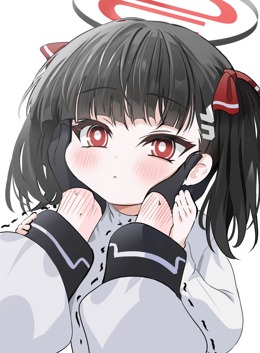 1girl 1other absurdres aged_down blue_archive blunt_bangs blush bright_pupils character_request hand_blush highres holding_another's_wrist jacket long_sleeves pov pov_hands puffy_long_sleeves puffy_sleeves red_eyes rio_(blue_archive) twintails white_background white_jacket white_pupils yuki_(asayuki101)