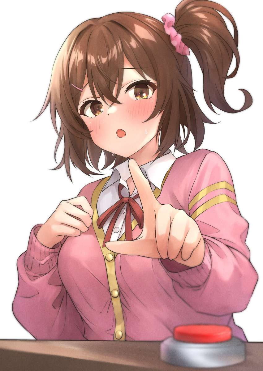 1girl absurdres b1ack_illust blush breasts brown_eyes brown_hair buttons commentary_request hair_between_eyes hair_ornament hairclip hand_on_own_chest hands_up highres idolmaster idolmaster_million_live! index_finger_raised jacket kasuga_mirai long_sleeves looking_at_another medium_breasts medium_hair neck_ribbon open_mouth pink_jacket pink_scrunchie red_button red_ribbon ribbon scrunchie shirt side_ponytail sidelocks solo sweat table upper_body white_background white_shirt