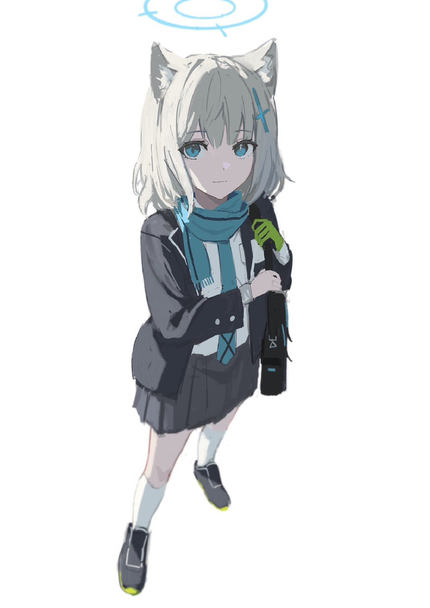 1girl animal_ear_fluff animal_ears bag black_bag black_footwear black_jacket black_skirt blue_archive blue_eyes blue_scarf closed_mouth commentary cross_hair_ornament full_body gloves green_gloves grey_hair hair_ornament halo hand_up highres jacket kneehighs light_smile long_sleeves looking_at_viewer medium_hair nekoreito open_clothes open_jacket pleated_skirt scarf school_bag shiroko_(blue_archive) shirt simple_background single_glove skirt socks solo standing white_background white_shirt white_socks wolf_ears