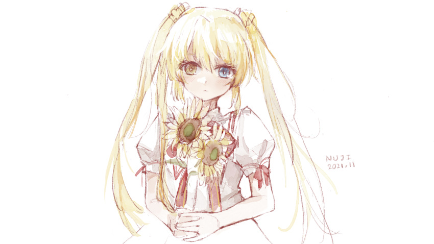 1girl 2021 blonde_hair blue_eyes blush closed_mouth commentary dated dress expressionless eyelashes flower hair_between_eyes heterochromia highres holding holding_flower kazamatsuri_institute_high_school_uniform long_hair looking_at_viewer nakatsu_shizuru no_eyepatch nujii puffy_short_sleeves puffy_sleeves red_ribbon rewrite ribbon school_uniform short_sleeves signature simple_background sketch solo straight-on sunflower symbol-only_commentary twintails upper_body very_long_hair white_background white_dress yellow_eyes