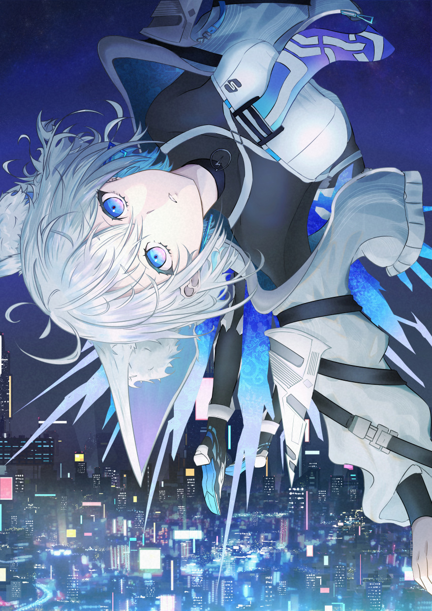 1girl absurdres ahoge animal_ear_fluff animal_ears black_shirt blue_eyes building city city_lights cityscape coko_(cevio) flying grey_jacket hair_between_eyes highres jacket long_sleeves messy_hair multicolored_eyes necktie night outdoors parted_lips pink_eyes riteiku_(user_tarc8275) scenery shirt shoes short_hair sky solo upside-down vocaloid white_hair wide_sleeves