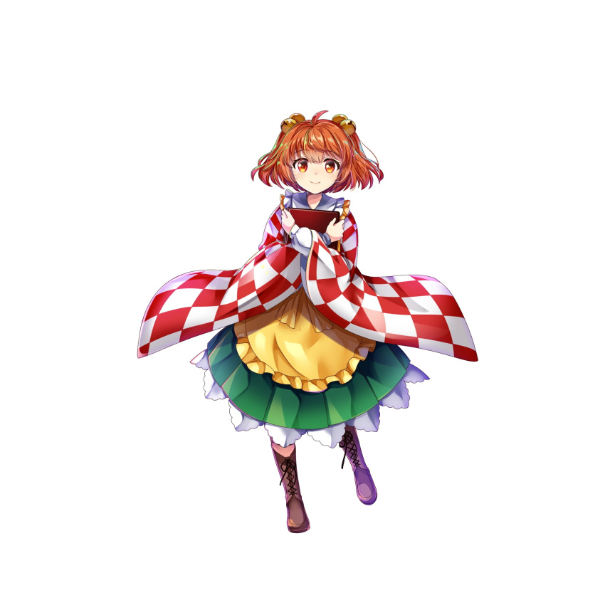 1girl ahoge bell book boots brown_footwear checkered_clothes checkered_kimono closed_mouth cross-laced_footwear full_body game_cg hair_bell hair_ornament highres holding holding_book japanese_clothes kimono long_sleeves looking_at_viewer motoori_kosuzu orange_eyes orange_hair rotte_(1109) short_hair simple_background smile solo third-party_source touhou touhou_lost_word two_side_up white_background wide_sleeves