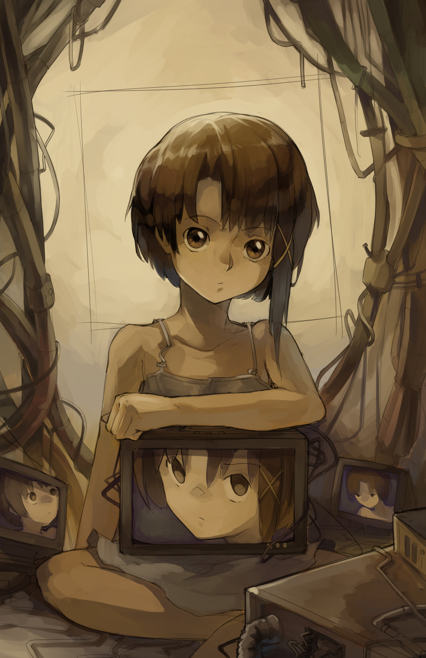 1girl absurdres brown_eyes brown_hair cable computer dress hair_ornament hairclip highres iwakura_lain kornod looking_at_viewer monitor multiple_views serial_experiments_lain short_hair sitting solo technology white_dress wire