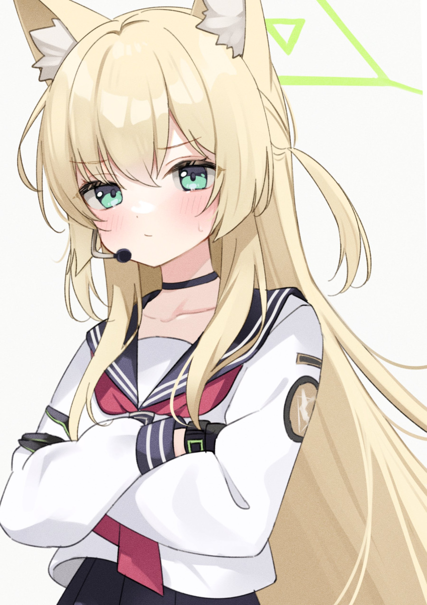 1girl absurdres animal_ear_fluff animal_ears black_gloves black_sailor_collar blonde_hair blue_archive blush closed_mouth crossed_arms earpiece fox_ears gloves green_eyes halo highres kurumi_(blue_archive) long_hair long_sleeves looking_at_viewer neckerchief red_neckerchief sailor_collar sasakichi_(ssk_chi) school_uniform serafuku simple_background solo sweat two_side_up upper_body white_background white_serafuku