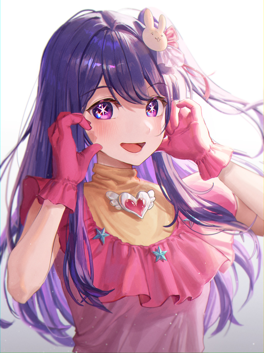 1girl absurdres blush brooch chabi009 commentary dress floating_hair frilled_dress frilled_gloves frills gloves gradient_background grey_background hair_between_eyes hair_ornament hair_ribbon half-heart_hands hands_up heart heart_brooch highres hoshino_ai_(oshi_no_ko) idol idol_clothes jewelry light_particles long_hair looking_at_viewer one_side_up open_mouth oshi_no_ko pink_dress pink_gloves pink_ribbon purple_hair rabbit_hair_ornament ribbon shadow sidelocks simple_background smile solo star-shaped_pupils star_(symbol) symbol-shaped_pupils turtleneck_dress upper_body violet_eyes white_background