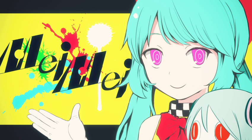 aimaina alternate_costume aqua_hair blue_hair bow closed_mouth dress hatsune_miku highres low_twintails pink_eyes pinocchio-p red_bow red_headwear smile song_name song_request twintails upper_body vocaloid yellow_background yellow_dress