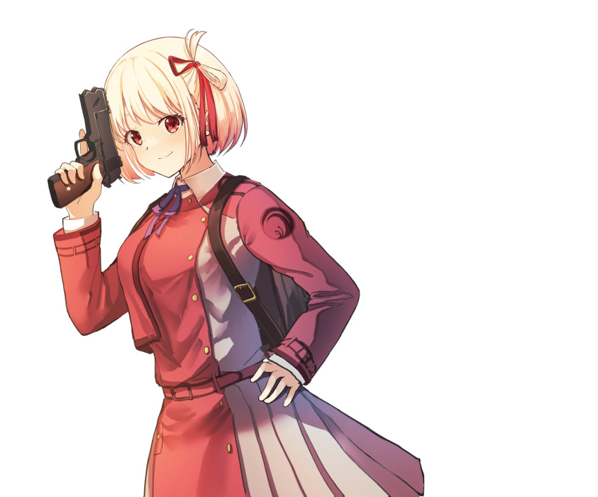 1girl aoi_hane blonde_hair blue_ribbon blush bob_cut closed_mouth collared_shirt commentary_request cowboy_shot dress dutch_angle grey_dress gun hair_ribbon hand_on_own_hip hand_up highres inoue_takina long_sleeves looking_at_viewer looking_back lycoris_recoil lycoris_uniform neck_ribbon nishikigi_chisato one_side_up pleated_dress red_dress red_eyes red_ribbon ribbon shirt sidelocks simple_background solo trigger_discipline two-tone_dress variant_set weapon weapon_request white_background white_shirt