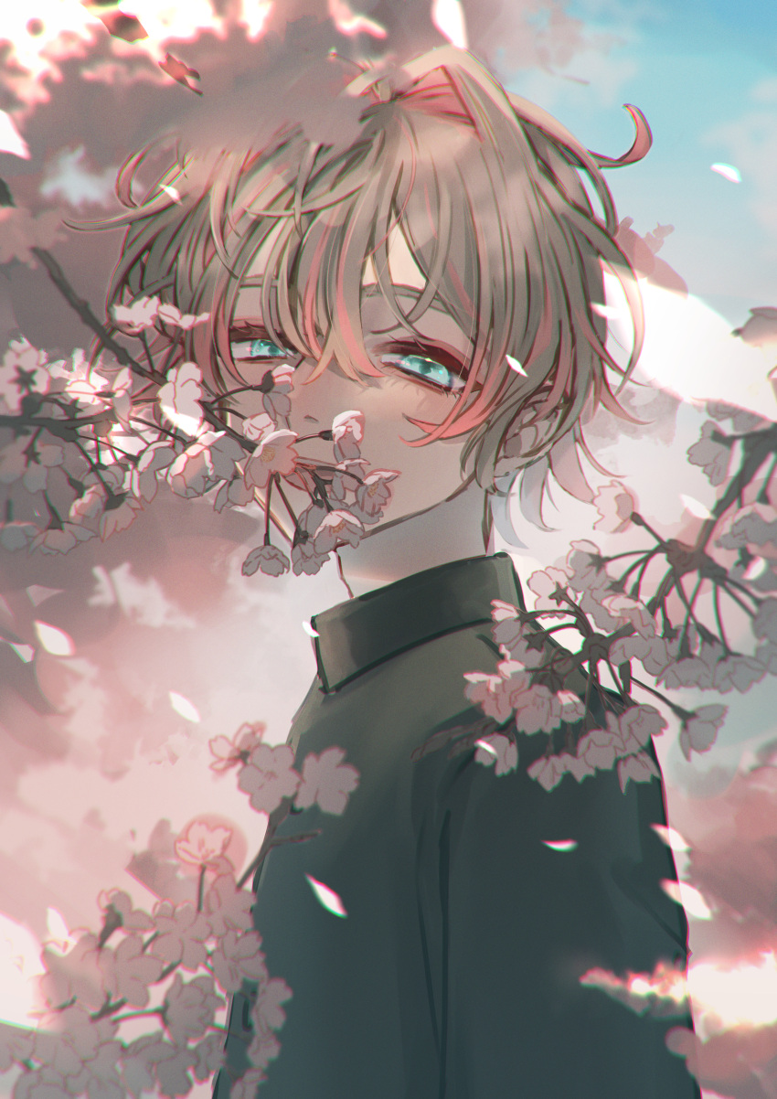 1boy absurdres aqua_eyes blonde_hair blue_sky branch cherry_blossoms flower flower_over_mouth gakuran highres long_sleeves looking_at_viewer male_focus mogama_(kaese) multicolored_hair open_mouth original pink_flower pink_hair pink_theme school_uniform short_hair sky smile solo tree