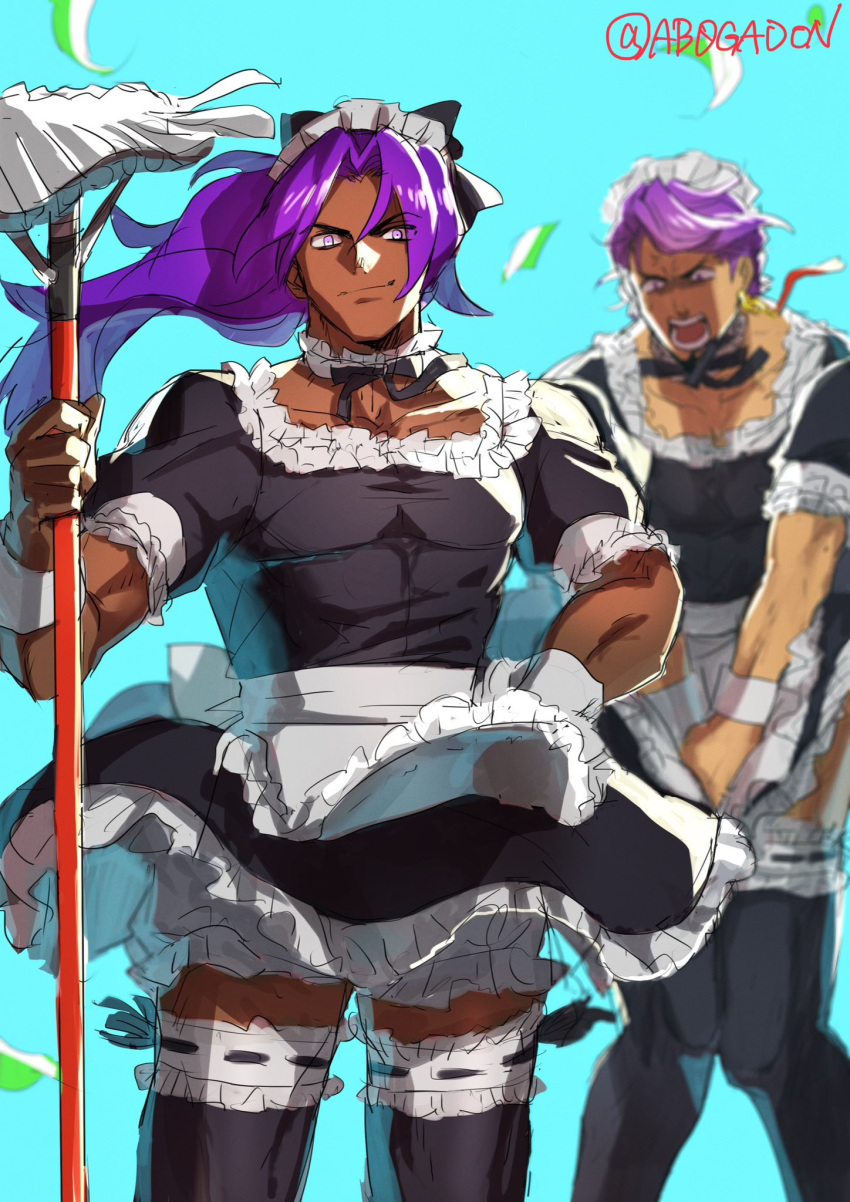2boys alternate_costume apron artist_name bhima_(fate) blue_background broom collarbone covering covering_crotch cowboy_shot crossdressing dark-skinned_male dark_skin duryodhana_(fate) earrings facial_hair fate/grand_order fate_(series) goatee goatee_stubble highres holding holding_broom jewelry long_hair looking_at_viewer maid maid_apron maid_headdress male_focus mature_male multiple_boys muscular muscular_male purple_hair ruchi short_hair simple_background single_earring violet_eyes white_apron