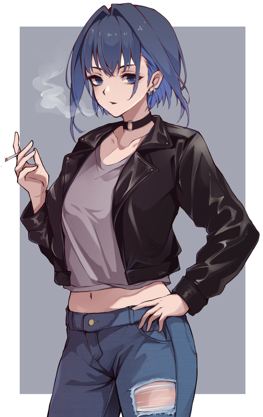 1girl absurdres black_choker blue_eyes blue_hair choker cigarette commentary contemporary denim ear_piercing grey_background grey_shirt hand_on_own_hip highres hitozche holding holding_cigarette hololive hololive_english jacket jeans leather leather_jacket navel o-ring o-ring_choker ouro_kronii outside_border pants piercing shirt smoke smoke_trail smoking solo standing tomboy torn_clothes torn_pants virtual_youtuber