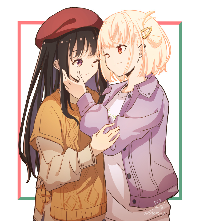 2girls absurdres aoi_hane beret black_hair blonde_hair brown_shirt brown_sweater collared_jacket commentary_request cowboy_shot hair_ornament hairclip hand_on_another's_face hand_on_another's_waist hat highres inoue_takina jacket long_hair long_sleeves looking_at_another lycoris_recoil multiple_girls nishikigi_chisato official_alternate_costume one_eye_closed one_side_up open_clothes open_jacket puffy_sleeves purple_jacket red_eyes red_headwear shirt short_hair sidelocks signature smile sweater twitter_username violet_eyes white_background white_sweater yuri