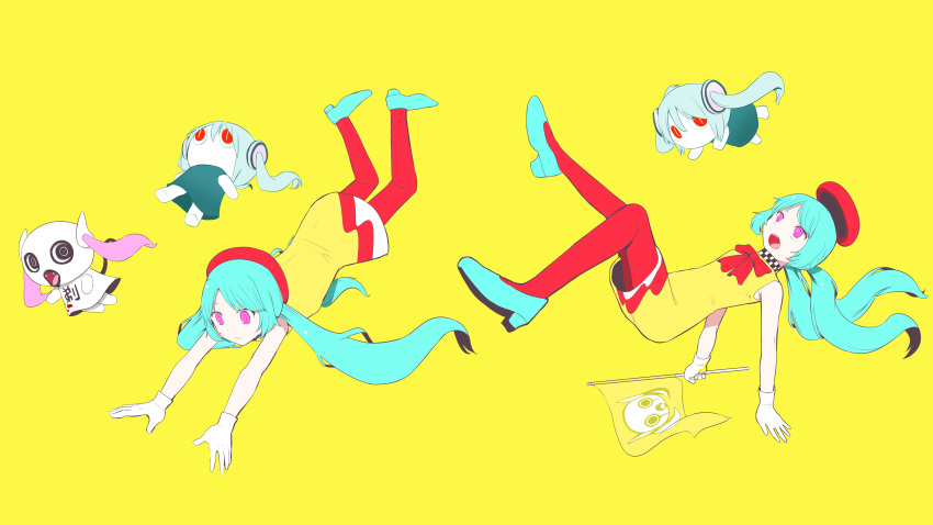 absurdres aimaina alternate_costume aqua_hair blue_hair bow doushite-chan dress full_body hatsune_miku highres low_twintails pink_eyes pinocchio-p red_bow red_headwear song_request twintails vocaloid yellow_background yellow_dress