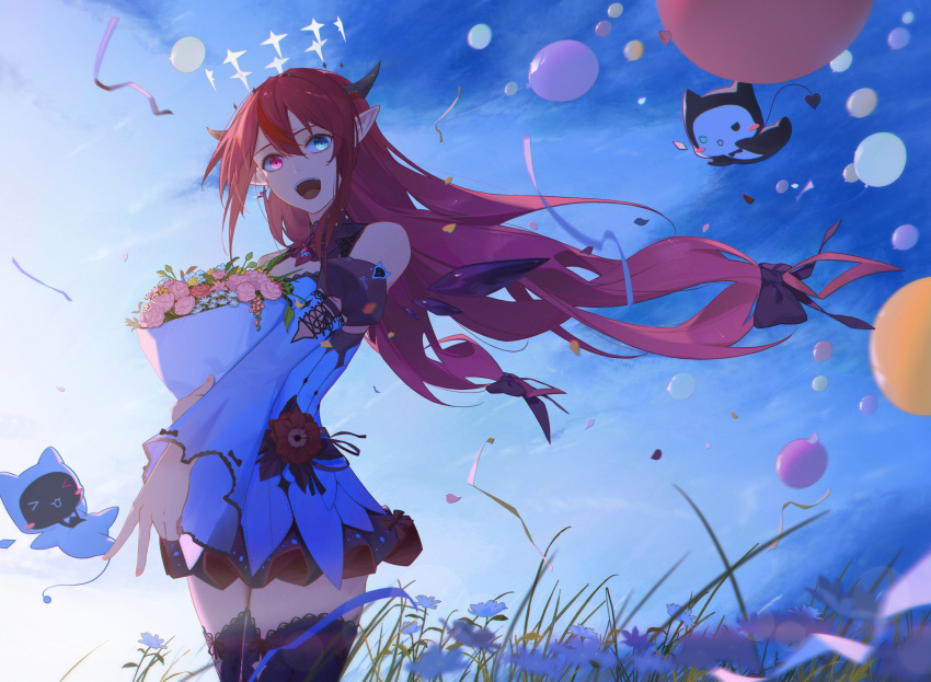 1girl black_thighhighs bloom_(irys) blue_eyes blue_sky bouquet clouds crystal_wings detached_sleeves detached_wings double_halo dress flower gloom_(irys) grass halo heterochromia highres holding holding_bouquet hololive hololive_english horns irys_(1st_costume)_(hololive) irys_(hololive) long_hair looking_at_viewer multicolored_hair open_mouth pink_flower pointy_ears purple_hair red_eyes red_skirt redhead reirz skirt sky smile star_halo teeth thigh-highs two-tone_hair upper_teeth_only virtual_youtuber white_dress white_sleeves wings