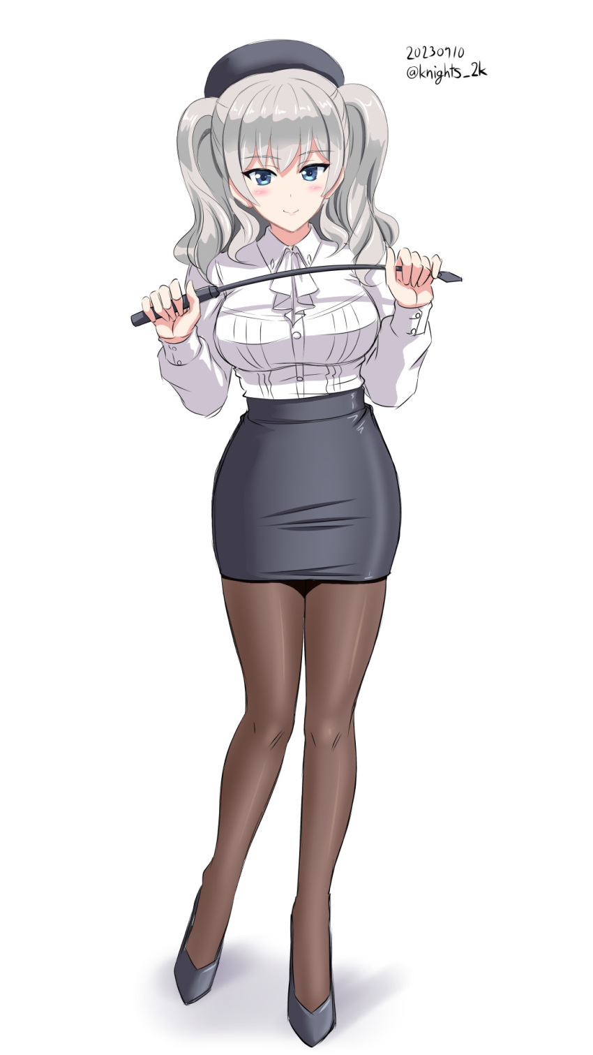 1girl beret black_footwear black_headwear black_pantyhose black_skirt blue_eyes breasts collared_shirt commentary_request dated dress_shirt full_body grey_hair hat highres kantai_collection kashima_(kancolle) kishi_nisen large_breasts long_hair looking_at_viewer one-hour_drawing_challenge pantyhose pencil_skirt riding_crop shirt sidelocks skirt solo twintails twitter_username wavy_hair white_shirt