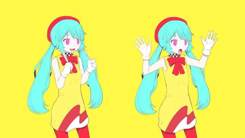 2girls absurdres alternate_costume aqua_hair blue_hair bow dress dual_persona hatsune_miku highres low_twintails multiple_girls multiple_persona open_mouth parted_lips pink_eyes pinocchio-p red_bow red_headwear song_request twintails upper_body vocaloid yellow_background yellow_dress