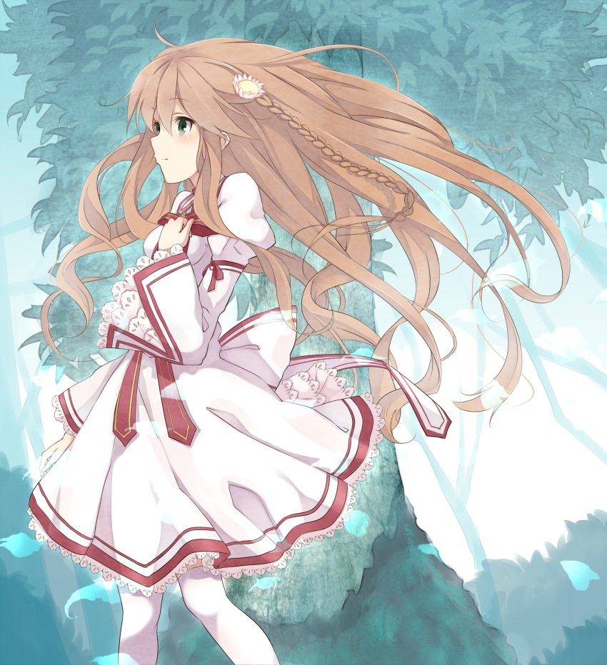 1girl absurdres ahoge braid brown_hair closed_mouth commentary_request cowboy_shot day dress eyelashes falling_leaves floating_clothes floating_hair flower forest frilled_dress frilled_sleeves frills from_side green_eyes hair_between_eyes hair_flower hair_ornament hand_up highres juliet_sleeves kanbe_kotori kazamatsuri_institute_high_school_uniform kujou_ichiso leaf light_blush long_hair long_sleeves looking_afar nature outdoors pink_flower profile puffy_sleeves red_ribbon rewrite ribbon school_uniform smile solo standing thigh-highs tree twin_braids very_long_hair wavy_hair white_dress white_thighhighs wide_sleeves