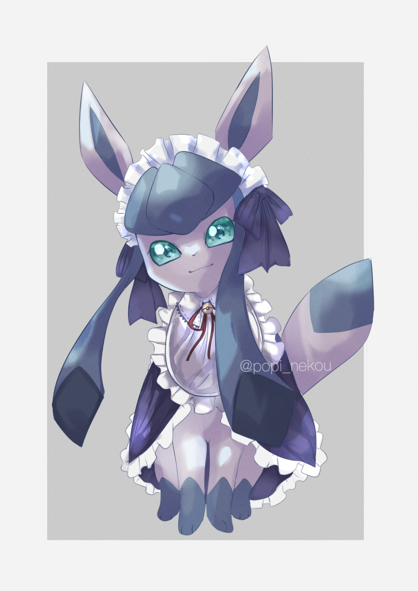 absurdres border closed_mouth clothed_pokemon commentary_request full_body glaceon green_eyes grey_background headdress highres looking_at_viewer no_humans pokemon pokemon_(creature) poppiina solo watermark white_border
