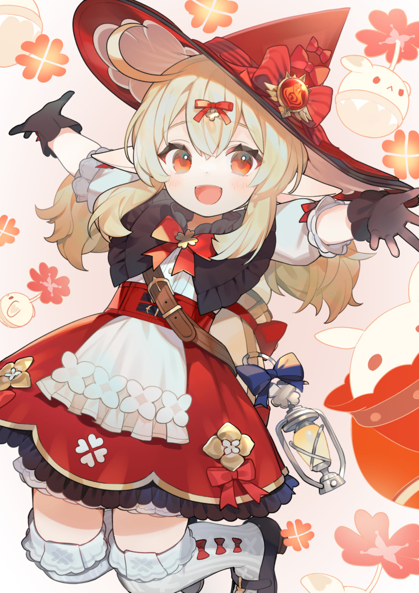 1girl :d absurdres ahoge black_footwear black_gloves blonde_hair bow dress genshin_impact gloves hair_between_eyes hair_bow hat highres klee_(genshin_impact) lantern long_hair looking_at_viewer open_mouth red_bow red_eyes shoes short_sleeves smile solo thigh-highs twintails tym_taro witch_hat