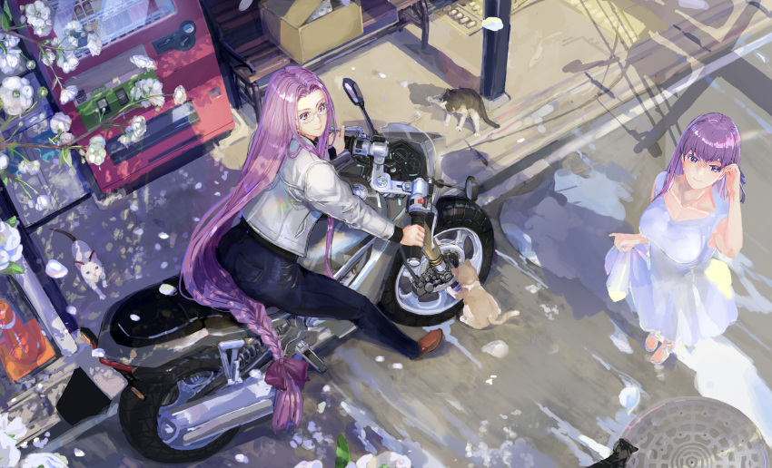 2girls absurdres bench brown_footwear cat dress fate/stay_night fate_(series) forehead glasses highres jacket li_(m4a1sparkle) long_hair looking_at_viewer matou_sakura medusa_(fate) medusa_(rider)_(fate) motor_vehicle motorcycle multiple_girls on_motorcycle purple_hair traffic_cone vending_machine very_long_hair violet_eyes white_dress white_jacket