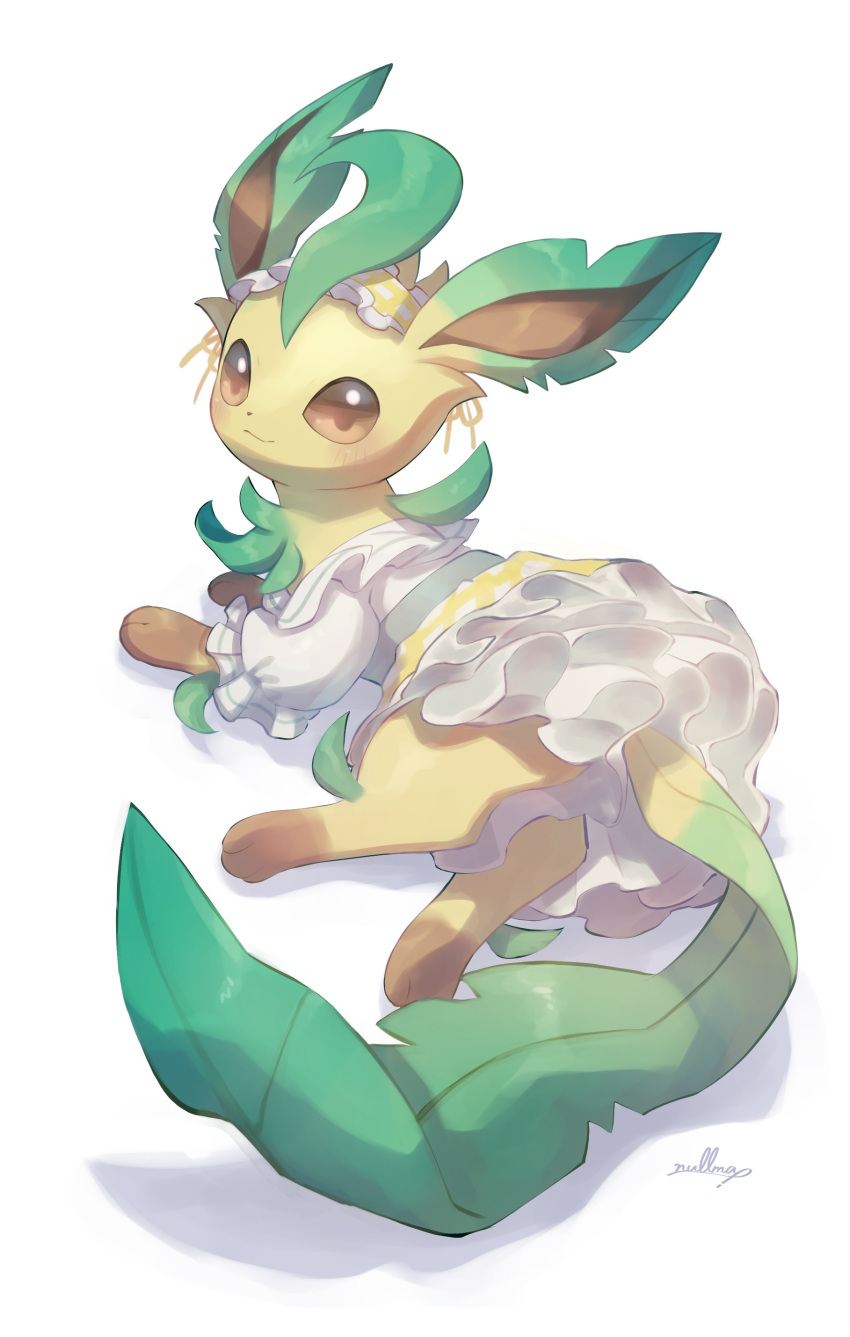 absurdres artist_name clothed_pokemon dress highres leafeon looking_at_viewer no_humans nullma pokemon pokemon_(creature) signature simple_background solo watermark white_background white_dress